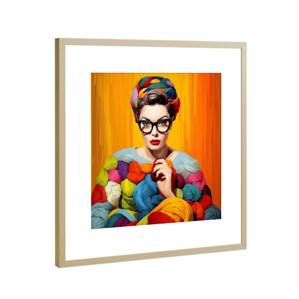Poster mit Rahmen Gold "STRICKKÖNIGIN" artboxONE - Abstrakt,Fashion,Für Mama - Gelb,Bunt,Frau,Stricken,Wolle,Königin