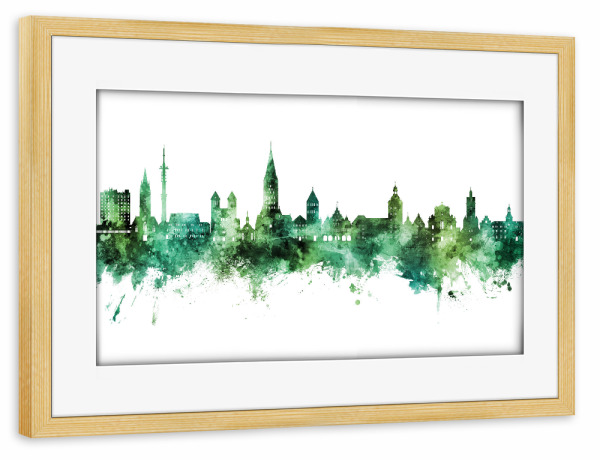 Poster mit Rahmen kiefer "Paderborn Skyline Grün" artboxONE - Städte - Paderborn,Deutschland,Deutschlandskyline,Stadtbild,Stadtbild,Aquarell,Malerei