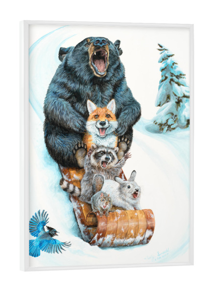 Poster mit weißem Rahmen "Der große Hügel" artboxONE - Tiere,Lustig - Tiere,Wald,Bär,Fuchs,Waschbär,Kaninchen,Vogel,Schnee,Schlitten
