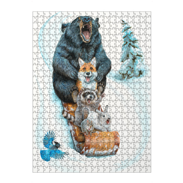 artboxONE Puzzle "Der große Hügel" artboxONE - Tiere,Lustig - Tiere,Wald,Bär,Fuchs,Waschbär,Kaninchen,Vogel,Schnee,Schlitten - Bild tiere