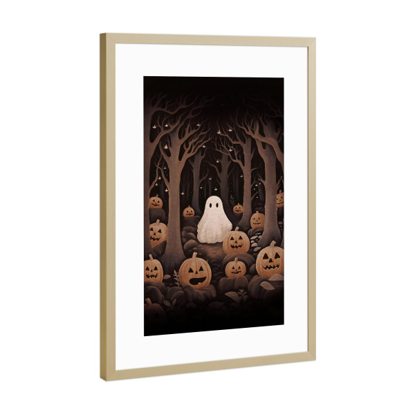 Poster mit Rahmen Gold "Geist und Kürbisse" artboxONE - Halloween - Halloween,Kürbis,Geist,Gruselig,Natur,Süßes oder saures