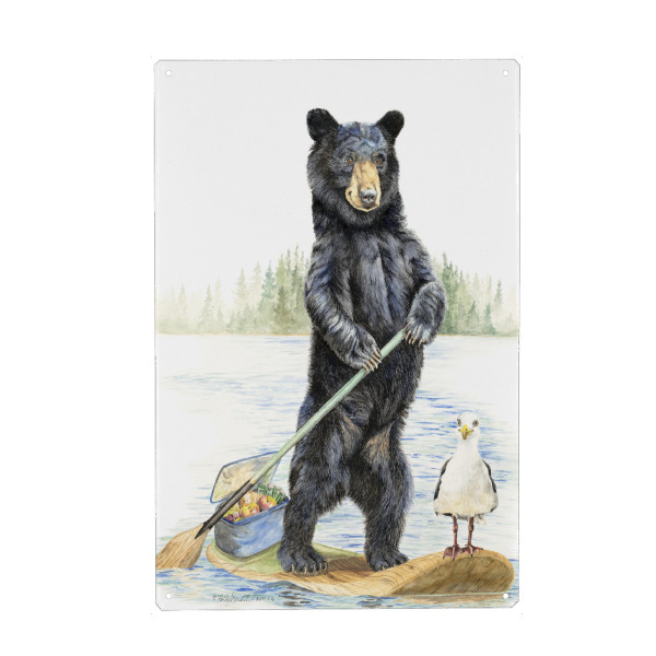 Metall Poster "Strandbanditen" artboxONE - Tiere,Lustig - Tiere,Humor,Wald,Fluss,Kanu,Lager,Bär,Vogel,Möwe,Floß,See - Blechschild