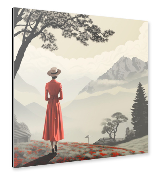 Alu-Dibond "RED WOMAN IN THE SWISS MOUNTAIN" 30x30 cm artboxONE