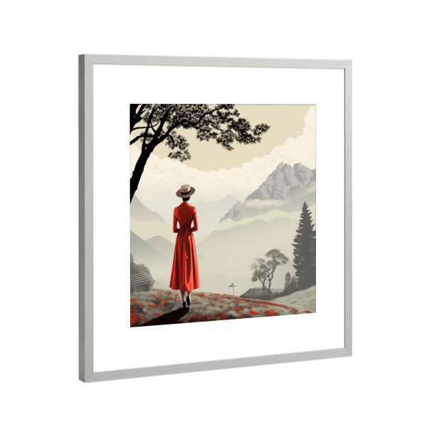 Poster mit Rahmen Silber "RED WOMAN IN THE SWISS MOUNTAIN" artboxONE - Natur,Reise,Liebe - Mountains,Red,Woman,Fog,Autumn