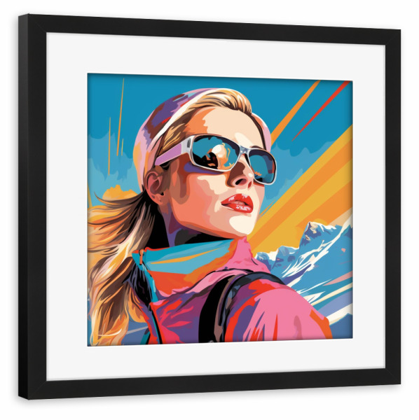 Poster mit Rahmen schwarz "SKIING IN SWITZERLAND WOMAN" artboxONE - Reise,Streetart,Sport,Für Mama - Pink,Winter,Sport,Skifahren,Frau,Woman,Portrait