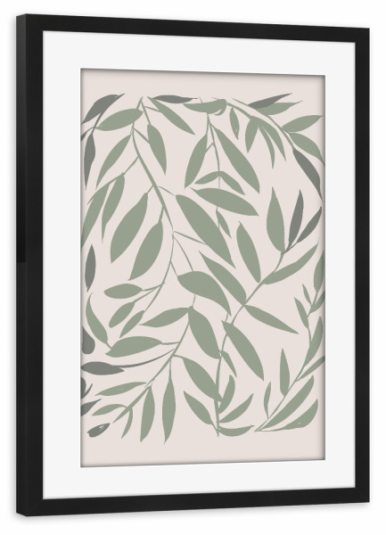 Poster mit Rahmen schwarz "Grüne Japandi Blätter" artboxONE - Floral,Abstrakt - Japandi,Pflanzen,Abstrakt,Botanisch,Minimalistisch,Minimal