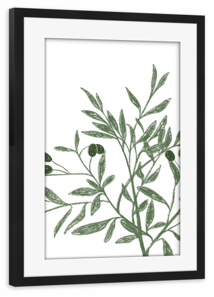 Poster mit Rahmen schwarz "Olivenblätter" artboxONE - Natur,Floral - Oliven,Olivenblätter,Zeichnung,Floral,Natur,Pflanze,Malerei,äste,Zweige