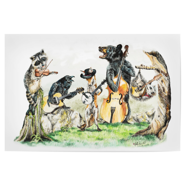 Poster "Blue Grass Gang" artboxONE - Tiere,Musik,Lustig - Tiere,Wald,Waschbär,Krähe,Opossum,Bär,Fuchs,Musik,Humor,Bluegrass,Instrumente,Band
