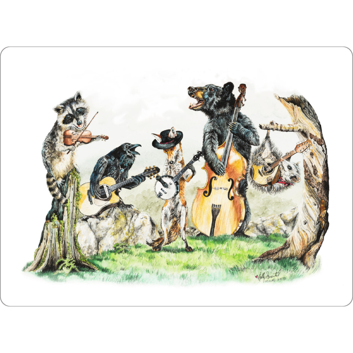 Tischset "Blue Grass Gang" artboxONE - Tiere,Musik,Lustig - Tiere,Wald,Waschbär,Krähe,Opossum,Bär,Fuchs,Musik,Humor,Bluegrass,Instrumente,Band