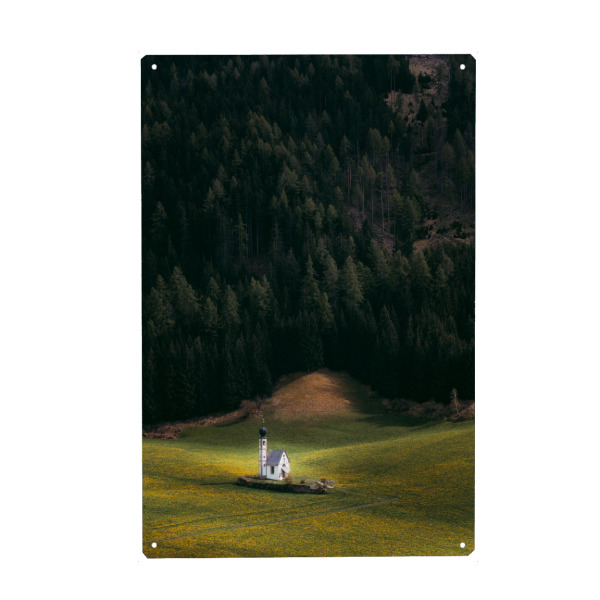 Metall Poster "St. Johann Ranui" artboxONE - Natur,Architektur - Kirche,Dolomiten,Wiese,Südtirol,Villnöss,Reise,Italien - Blechschild