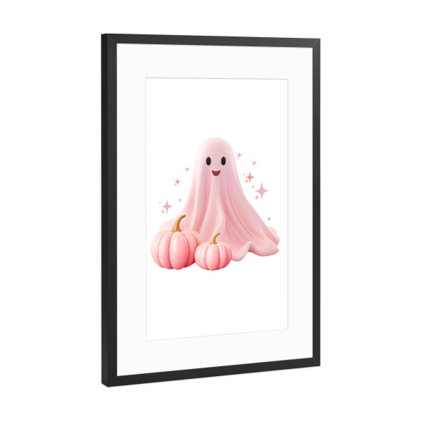 Poster mit Rahmen Schwarz (Metallic) "Retro-Halloween-Rosa-Kürbis-Geist" artboxONE - Fashion,Festivals,Halloween,Lustig