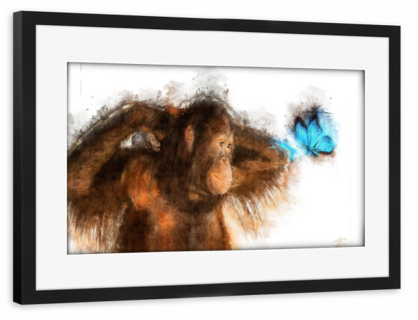 Poster mit Rahmen schwarz "Orang Utan und Schmetterling" artboxONE - Natur,Tiere,Reise / Asien