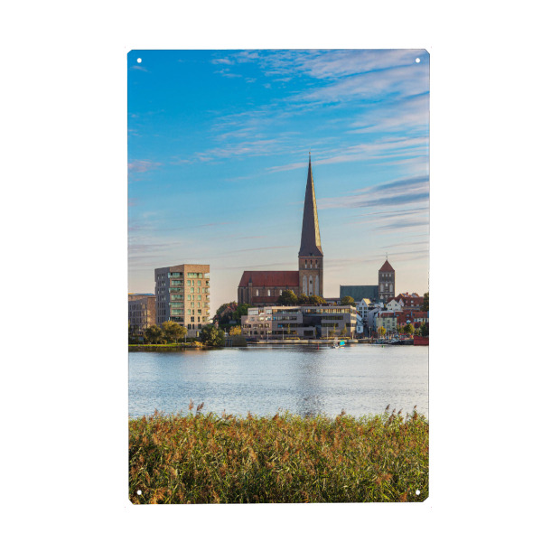 Metall Poster "Kirche, Schilf, Fluss, Wolken" artboxONE - Natur,Reise,Architektur