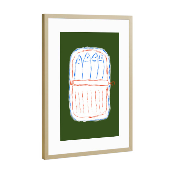 Poster mit Rahmen Gold "Fitting the box" artboxONE - Tiere,Unterwasser - Fitting the box,Fisch,Konserven,Dose,Tiere