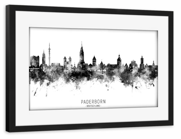 Poster mit Rahmen schwarz "Paderborn Skyline BW Text" artboxONE - Städte,Schwarzweiß
