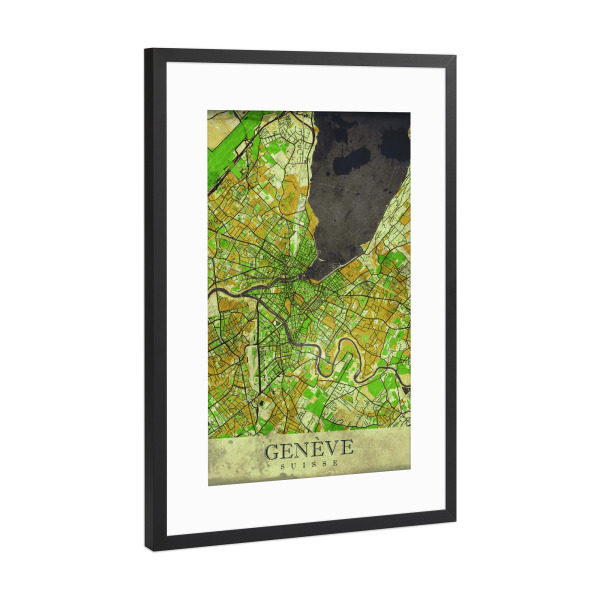 Poster mit Rahmen Schwarz (Metallic) "Genf Vintage City Map" artboxONE - Städte