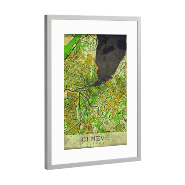 Poster mit Rahmen Silber "Genf Vintage City Map" artboxONE - Städte