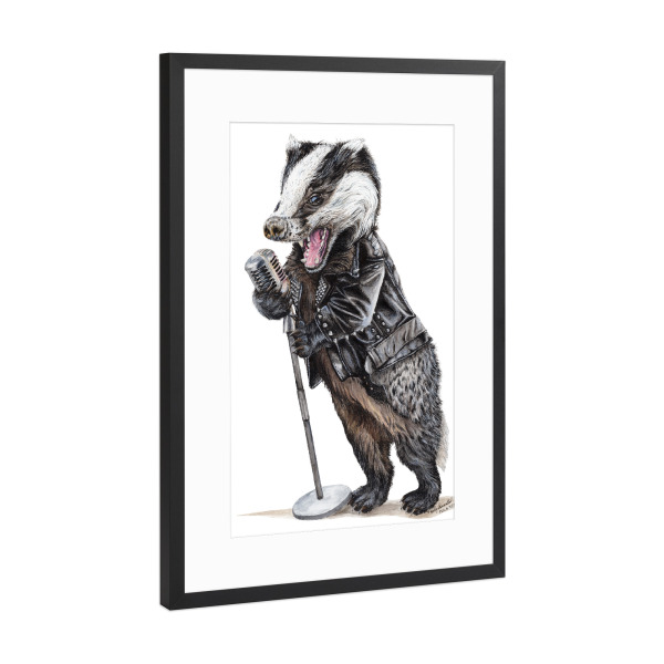 Poster mit Rahmen Schwarz (Metallic) "Rock'n Badger" artboxONE - Tiere,Musik,Lustig - Tiere,Humor,Lustig,Rock n roll,Musik,Singen,Mikrofon,Dachs