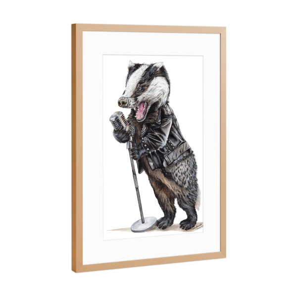 Poster mit Rahmen Kupfer "Rock'n Badger" artboxONE - Tiere,Musik,Lustig - Tiere,Humor,Lustig,Rock n roll,Musik,Singen,Mikrofon,Dachs
