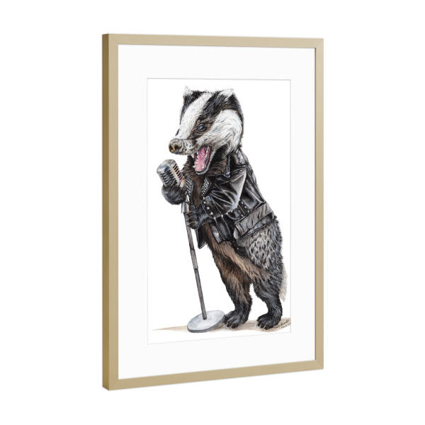 Poster mit Rahmen Gold "Rock'n Badger" artboxONE - Tiere,Musik,Lustig - Tiere,Humor,Lustig,Rock n roll,Musik,Singen,Mikrofon,Dachs