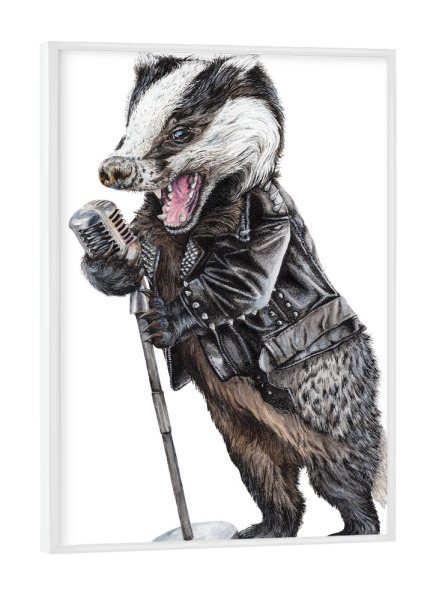 Poster mit weißem Rahmen "Rock'n Badger" artboxONE - Tiere,Musik,Lustig - Tiere,Humor,Lustig,Rock n roll,Musik,Singen,Mikrofon,Dachs