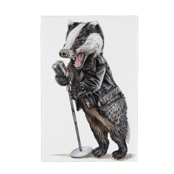 Metall Poster "Rock'n Badger" artboxONE - Tiere,Musik,Lustig - Tiere,Humor,Lustig,Rock n roll,Musik,Singen,Mikrofon,Dachs - Blechschild
