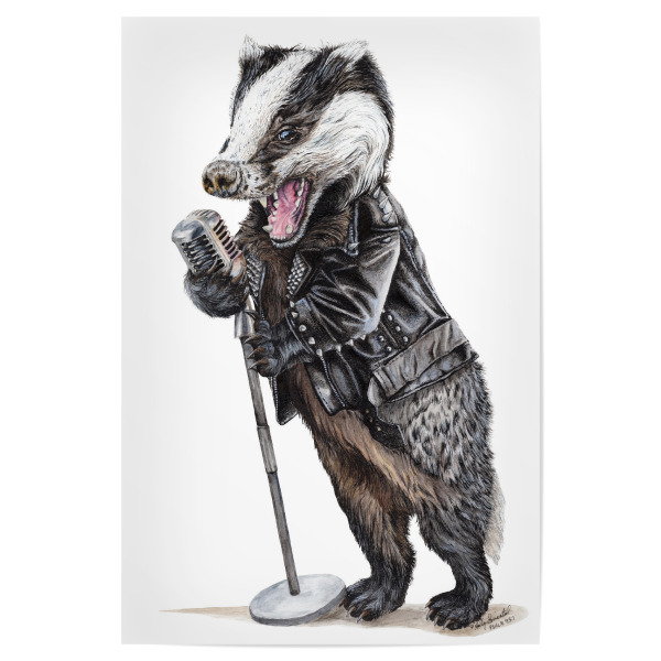 Poster 30x20 cm "Rock'n Badger" artboxONE - Tiere,Musik,Lustig - Tiere,Humor,Lustig,Rock n roll,Musik,Singen,Mikrofon,Dachs