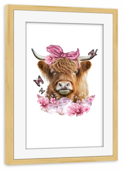 Poster mit Rahmen kiefer "Kuh mit rosa Blumen" artboxONE - Floral,Tiere,Fashion,Lustig