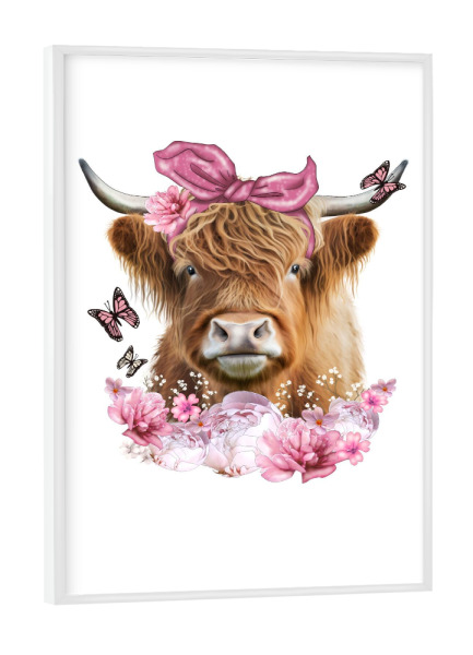 Poster mit weißem Rahmen "Kuh mit rosa Blumen" artboxONE - Floral,Tiere,Fashion,Lustig