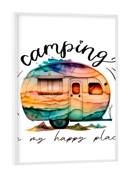 Poster mit weißem Rahmen "Camping ist mein glücklicher Ort" artboxONE - Automobile,Fashion,Buchstaben,Für Papa,Lustig