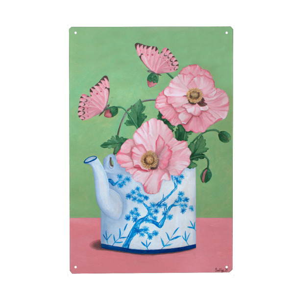 Metall Poster "Schmetterlinge und Mohn" artboxONE - Floral - Mohn,Schmetterling,Blumen,Chinoiserie,Chinesische kunst,Teekanne - Blechschild