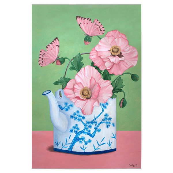 Poster "Schmetterlinge und Mohn" artboxONE - Floral - Mohn,Schmetterling,Blumen,Chinoiserie,Chinesische kunst,Teekanne