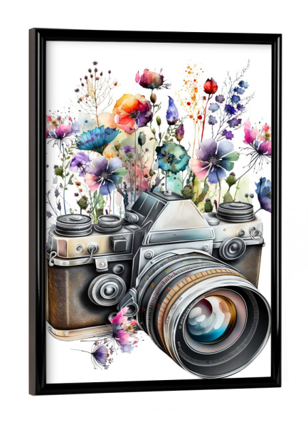 Poster mit schwarzem Rahmen "Blumen-Fotokamera-Kunst" artboxONE - Typografie,Natur,Floral,Fashion,Lustig