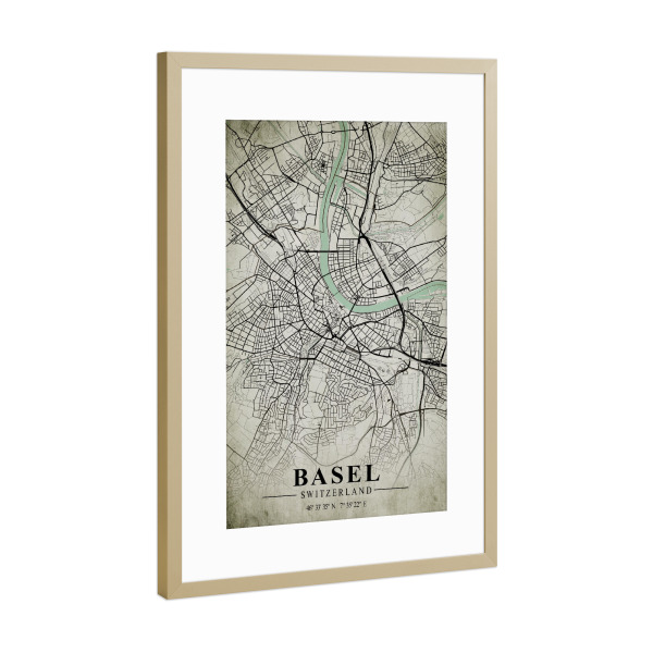 Poster mit Rahmen Gold "Basel Vintage Citymap" artboxONE - Städte
