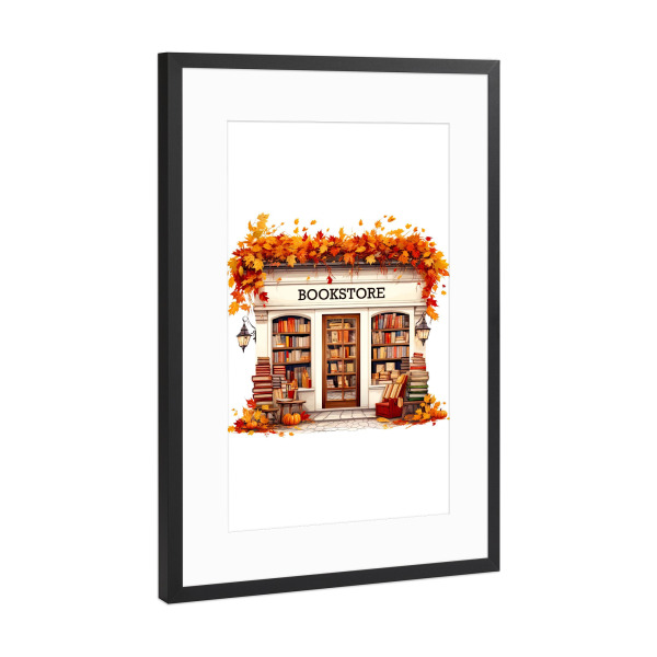 Poster mit Rahmen Schwarz (Metallic) "Herbstbuchhandlung" artboxONE - Architektur,Weihnachten,Buchstaben,Festivals,Lustig