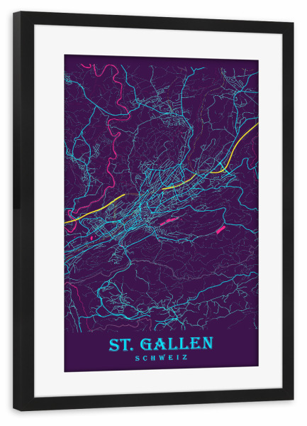 Poster mit Rahmen schwarz "Stadtplan von St. Gallen" artboxONE - Städte