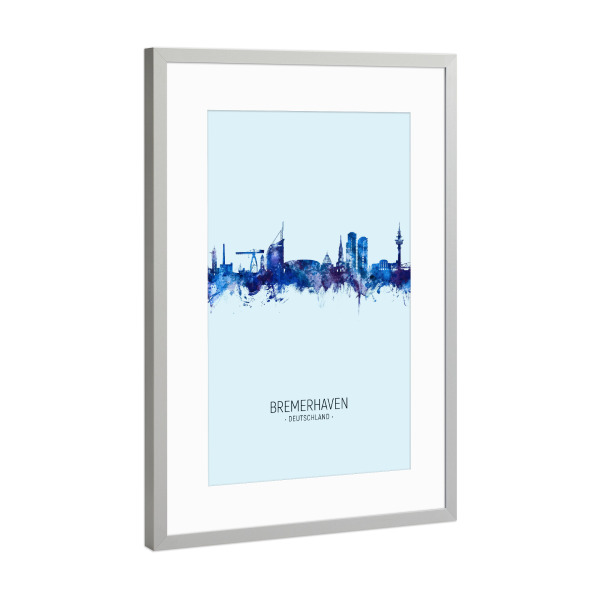Poster mit Rahmen Silber "Bremerhaven Skyline Dunkelblau" artboxONE - Städte