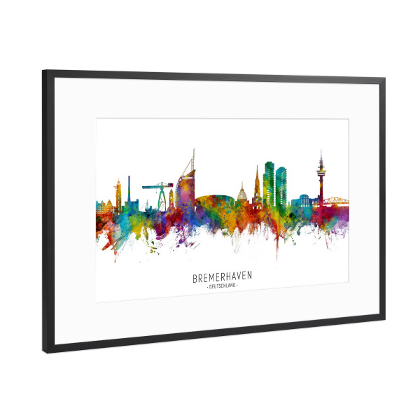 Poster mit Rahmen Schwarz (Metallic) "Bremerhaven Skyline txt" artboxONE - Städte
