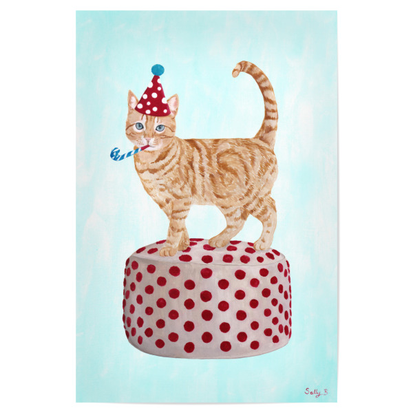 Poster "Party-Ingwer-Katze" artboxONE - Tiere - Katzendruck,Ingwerkatzendruck,Katzenkunst,Partykatze,Naive kunst,Süße kunst