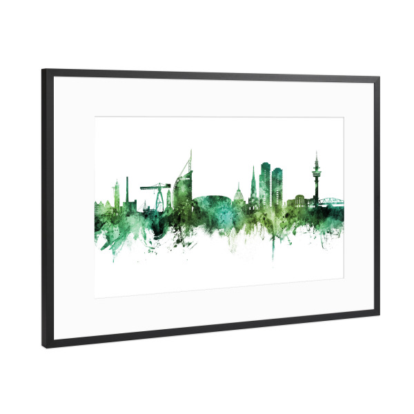 Poster mit Rahmen Schwarz (Metallic) "Bremerhaven Skyline Grün" artboxONE - Städte