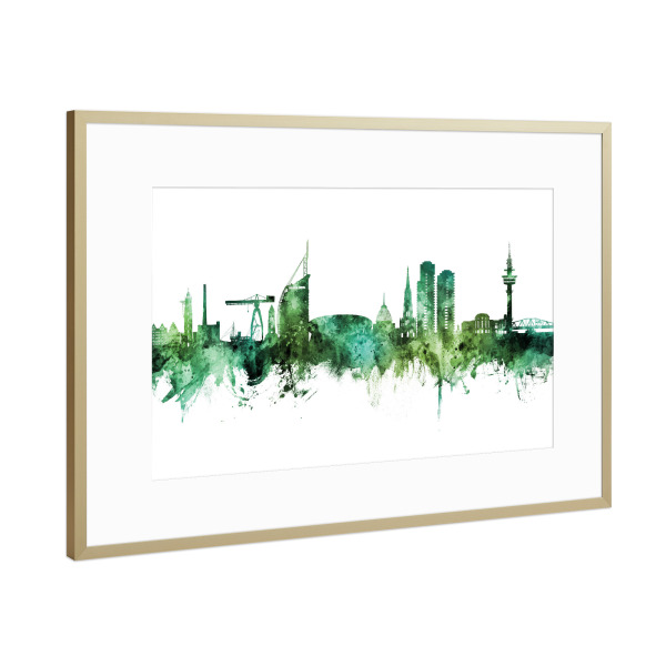 Poster mit Rahmen Gold "Bremerhaven Skyline Grün" artboxONE - Städte - Bremerhaven,Deutschland,Deutschlandskyline,Stadtbild,Stadtbild,Aquarell,Malerei