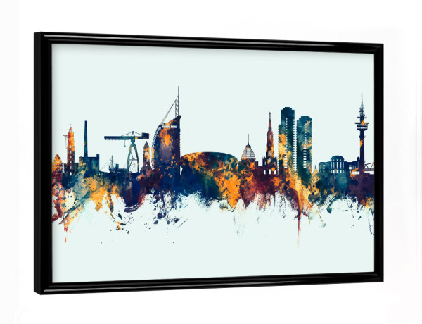 Poster mit schwarzem Rahmen "Bremerhavener Skyline Winter" artboxONE - Städte