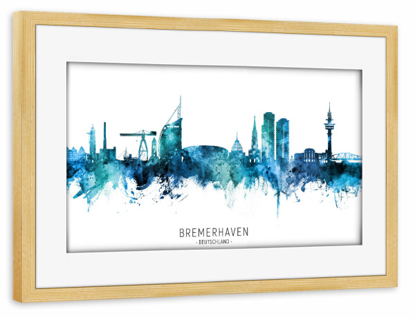 Poster mit Rahmen kiefer "Bremerhaven Skyline Blauer Name" artboxONE - Städte
