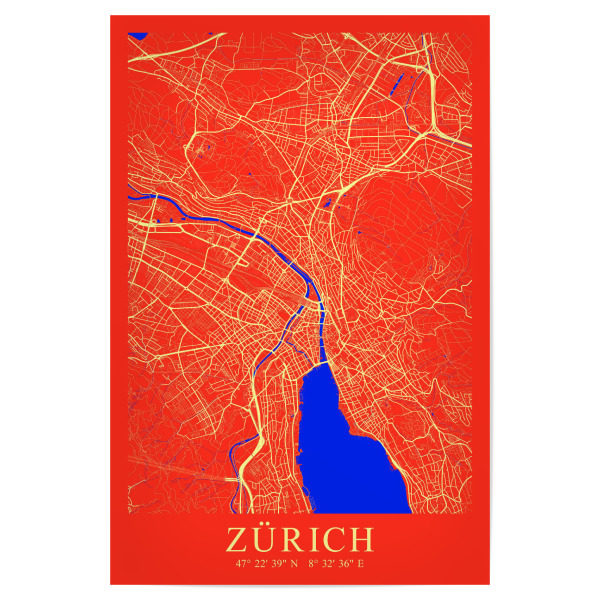 Poster "Zürich City Karte Fire" artboxONE - Städte / Zürich,Kartografie