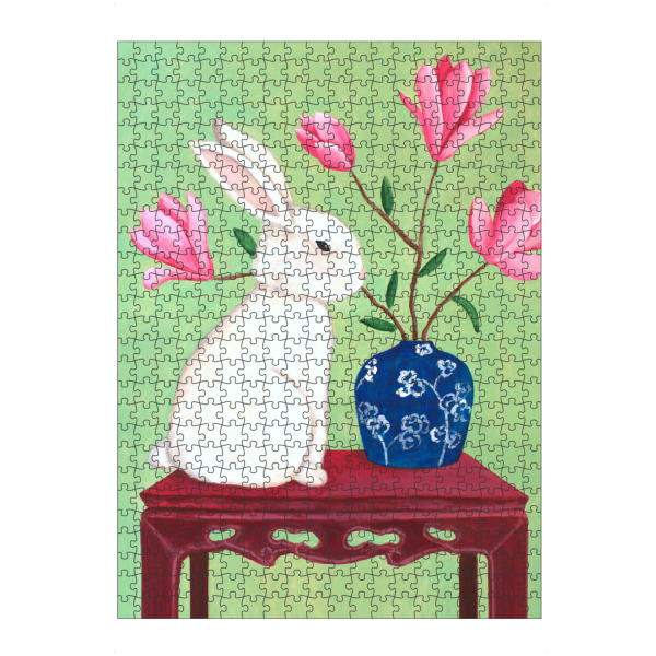 artboxONE Puzzle "Kaninchen und Magnolie" artboxONE - Floral,Tiere - Hasendruck,Kaninchen,Kaninchenkunst,Hase,Süß,Süßer druck,Naive kunst