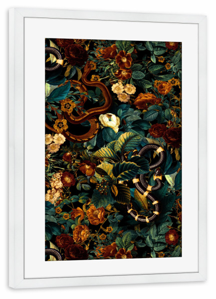 Poster mit Rahmen weiß "Blumen- und Schlangen-Dschungel" artboxONE - Natur,Floral,Tiere