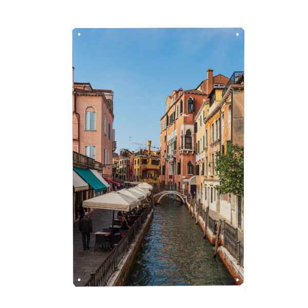 Metall Poster "Kanal, Restaurant, Häuser" artboxONE - Reise,Architektur,Städte / Venedig,Reise / Länder