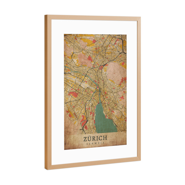 Poster mit Rahmen Kupfer "Vintage City Zürich Map" artboxONE - Städte / Zürich,Kartografie