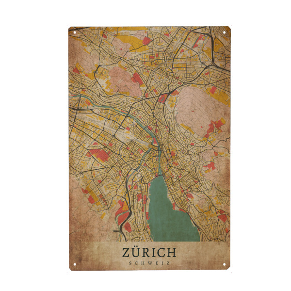 Holzbild "Vintage City Zürich Map" artboxONE - Städte / Zürich,Kartografie