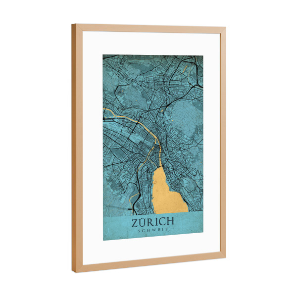 Poster mit Rahmen Kupfer "Vintage Zürich Stadtplan" artboxONE - Städte / Zürich,Kartografie